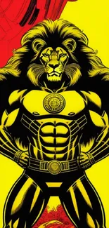 Dynamic lion superhero wallpaper with vibrant colors.