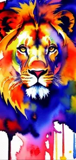 Vibrant watercolor lion mobile wallpaper with bold colors.