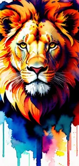 Vibrant watercolor painting of a lion's face with bold colors.