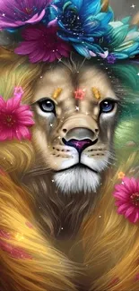 Lion with floral crown and colorful mane