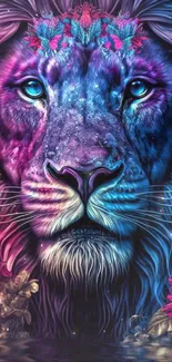 Colorful lion with flowers art wallpaper in vibrant hues.