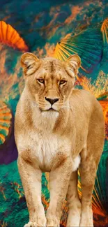 Vibrant lioness with colorful abstract background.