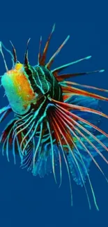 A vibrant lionfish set against a deep blue background.