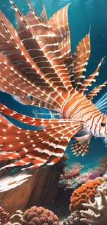 A vibrant lionfish swimming through a colorful coral reef underwater.