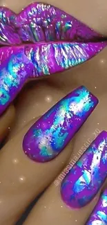 Colorful lip and nail art with vibrant purple and blue hues.