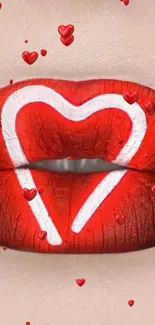 Close-up of lips with neon heart design on red background.