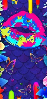 Vibrant neon lip and floral mobile wallpaper with butterflies.