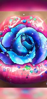 Vibrant lip with blue rose art on mobile wallpaper.