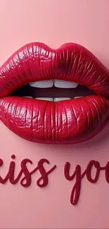 Vibrant red lips with 'kiss you' text on a pink background.