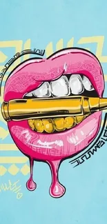 Vibrant lip art with gold bullet on blue background.