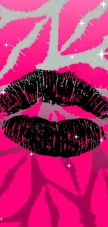 Bright lip print wallpaper, pink and black hues.