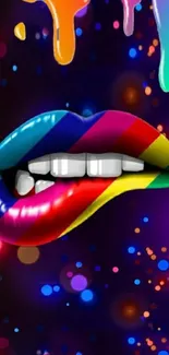 Colorful lips art on dark background with rainbow drips.