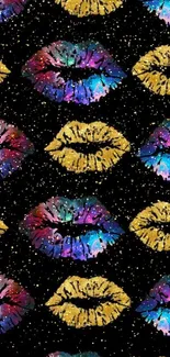 Colorful lips pattern on a black background, vibrant and bold wallpaper design.