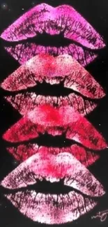 Vibrant lip prints on black wallpaper.