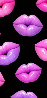 Glossy pink and purple lips pattern on black background.