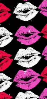 Vibrant mobile wallpaper with colorful lip prints on black.