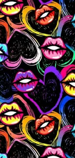 Colorful wallpaper with vibrant lips and heart designs.