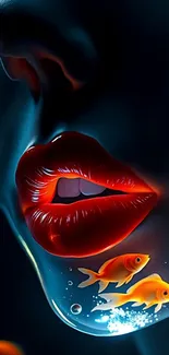 Surreal wallpaper with vibrant lips and goldfish.