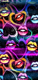 Stylish mobile wallpaper with colorful lips and hearts design.