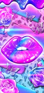 Vibrant neon lips with roses and butterflies wallpaper.