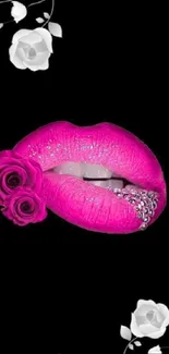 Vibrant pink lips with sparkling accents and white roses on black background.