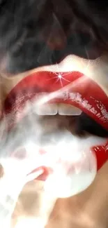 Artistic wallpaper with red lips and swirling smoke.