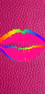 Colorful rainbow lips on pink textured background.