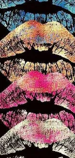 Vibrant lips art wallpaper with multi-colored lip prints on black background.