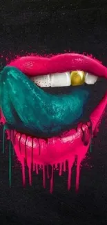 Bright pink lips with blue tongue on dark backdrop.