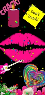 Neon pink lips with colorful confetti and playful elements on black background.