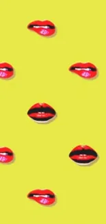 Mobile wallpaper with red lips on yellow background.