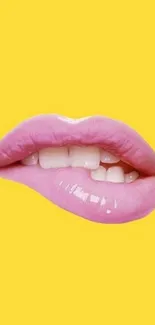 Glassy pink lips on yellow background wallpaper.