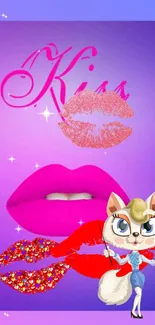 Bright pop art wallpaper with pink lips and playful character on a purple backdrop.