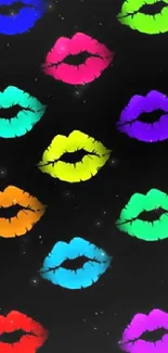 Colorful lips on black mobile wallpaper, vibrant design.