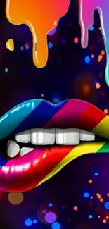 Colorful lips with a psychedelic design and vibrant colors on a dark background.