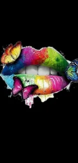 Colorful lips and butterflies against black background.