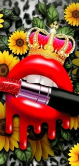 Bold red lips with crown and sunflowers wallpaper.