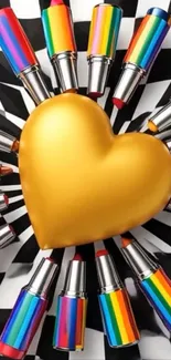 Golden heart surrounded by colorful lipsticks on checkered background.