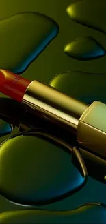 Artistic wallpaper featuring a vibrant lipstick on a glossy olive background.