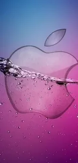 Apple logo with pink and blue water splash background.