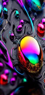 Colorful liquid drops on a dark surface.