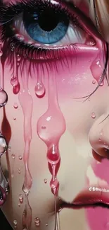 Artistic image of an eye with pink liquid drops cascading down.