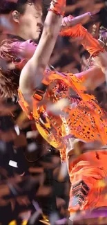 Dynamic performance with orange hues and confetti shower background.