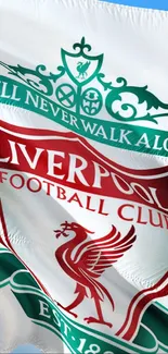 Liverpool FC flag wallpaper with club emblem on white background.