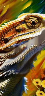 Vibrant artwork of a lizard with a colorful background, featuring flowers and abstract design.