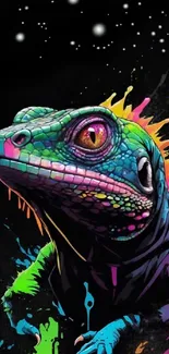 Colorful gecko art with psychedelic colors on black background.