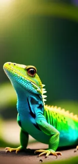 Vibrant green and blue lizard in a lush jungle setting.