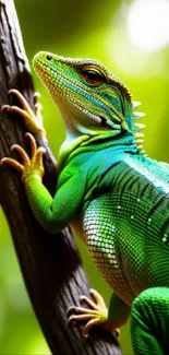 Vibrant green lizard on a tree branch with blurred nature background.