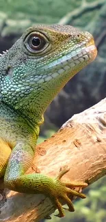 A vibrant green lizard perched on a branch against a forest backdrop.