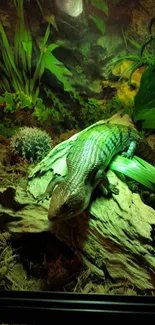 A colorful lizard rests on wood surrounded by lush green plants.